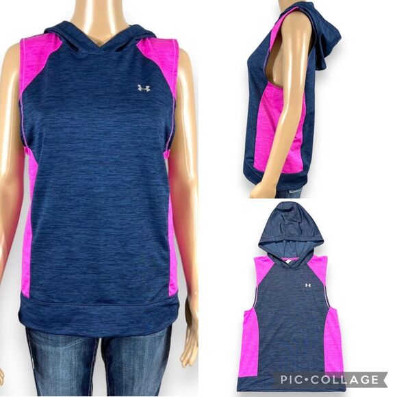 Under Armour Womens Hoodie Sleeveless Loose Fit Pullover Lightweight Blue Pink - Picture 1 of 9